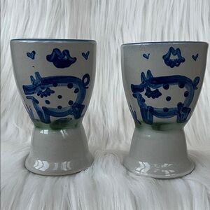 M. A. Hadley 2 Pig Egg Cups Country Scene Blue